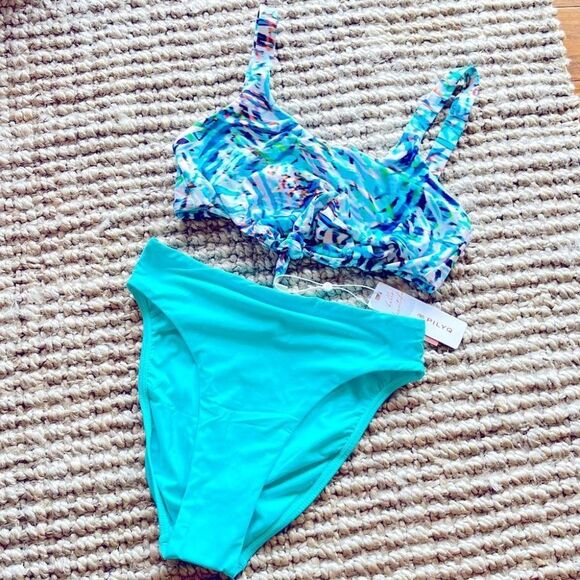 Nwt Anthropologie PilyQ calico turquoise 80s twisted high waisted bikini set - Picture 1 of 7